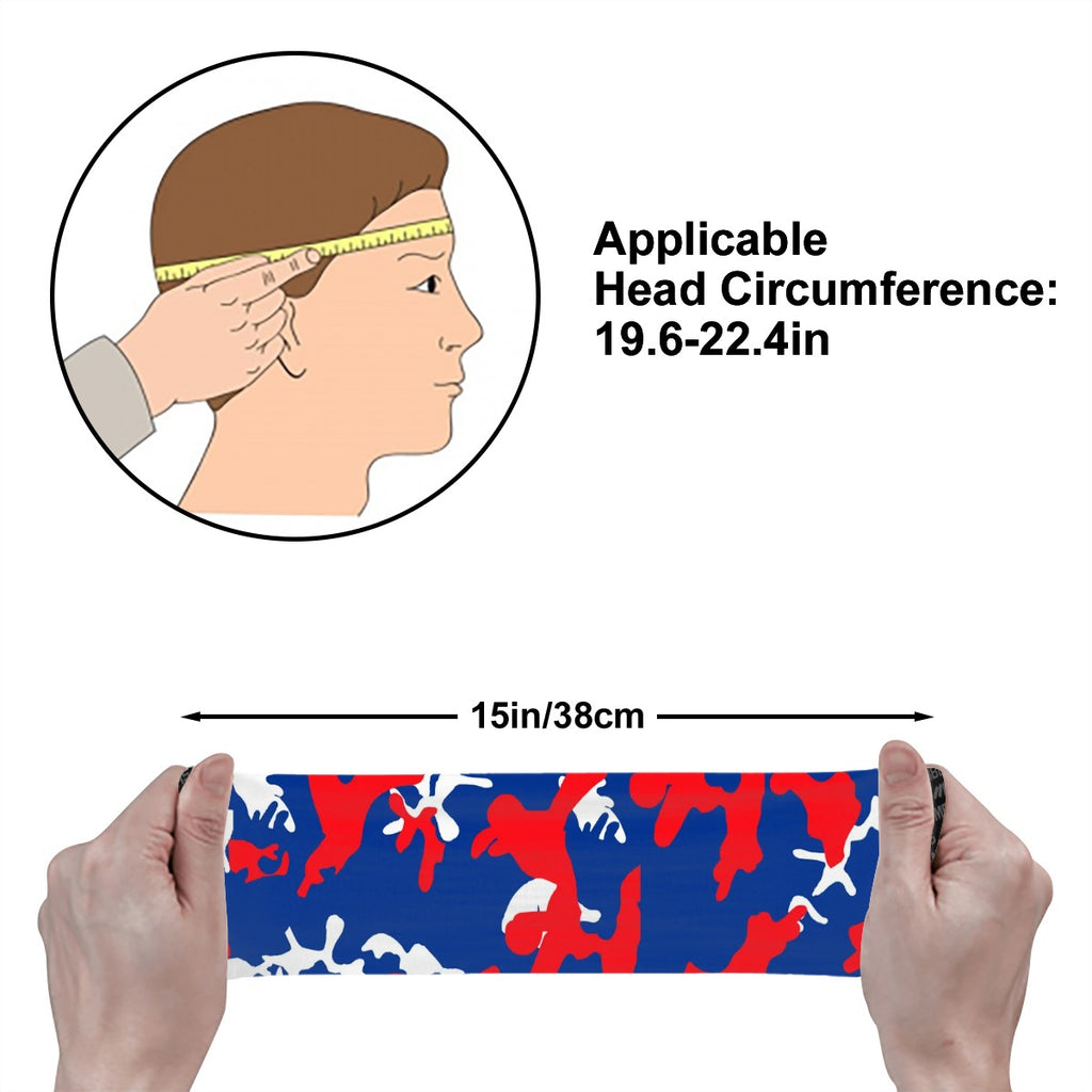 Athletic sports sweatband wide headband for youth and adult football, basketball, baseball, softball, gym workout, printed with royal blue, red, and white colors. 

 