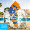 Athletic sports compression arm sleeve for youth and adult football, basketball, baseball, and softball printed with predator blue, orange, and white colors. 