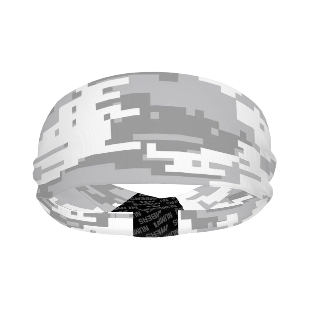 Athletic sports sweatband wide headband for youth and adult football, basketball, baseball, softball, gym workout, printed with grey and white colors.