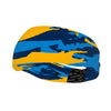 Athletic sports sweatband wide headband for youth and adult football, basketball, baseball, softball, gym workout, printed with blue, light blue, and yellow colors. 