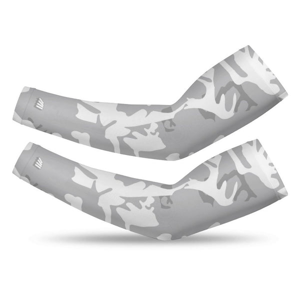 Athletic sports compression arm sleeve for youth and adult football, basketball, baseball, and softball printed with camo gray and white colors.  