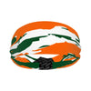Athletic sports sweatband wide headband for youth and adult football, basketball, baseball, softball, gym workout, printed with orange, green, and white colors. 