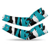 Athletic sports compression arm sleeve for youth and adult football, basketball, baseball, and softball printed with predator turquoise, black, and white colors.  