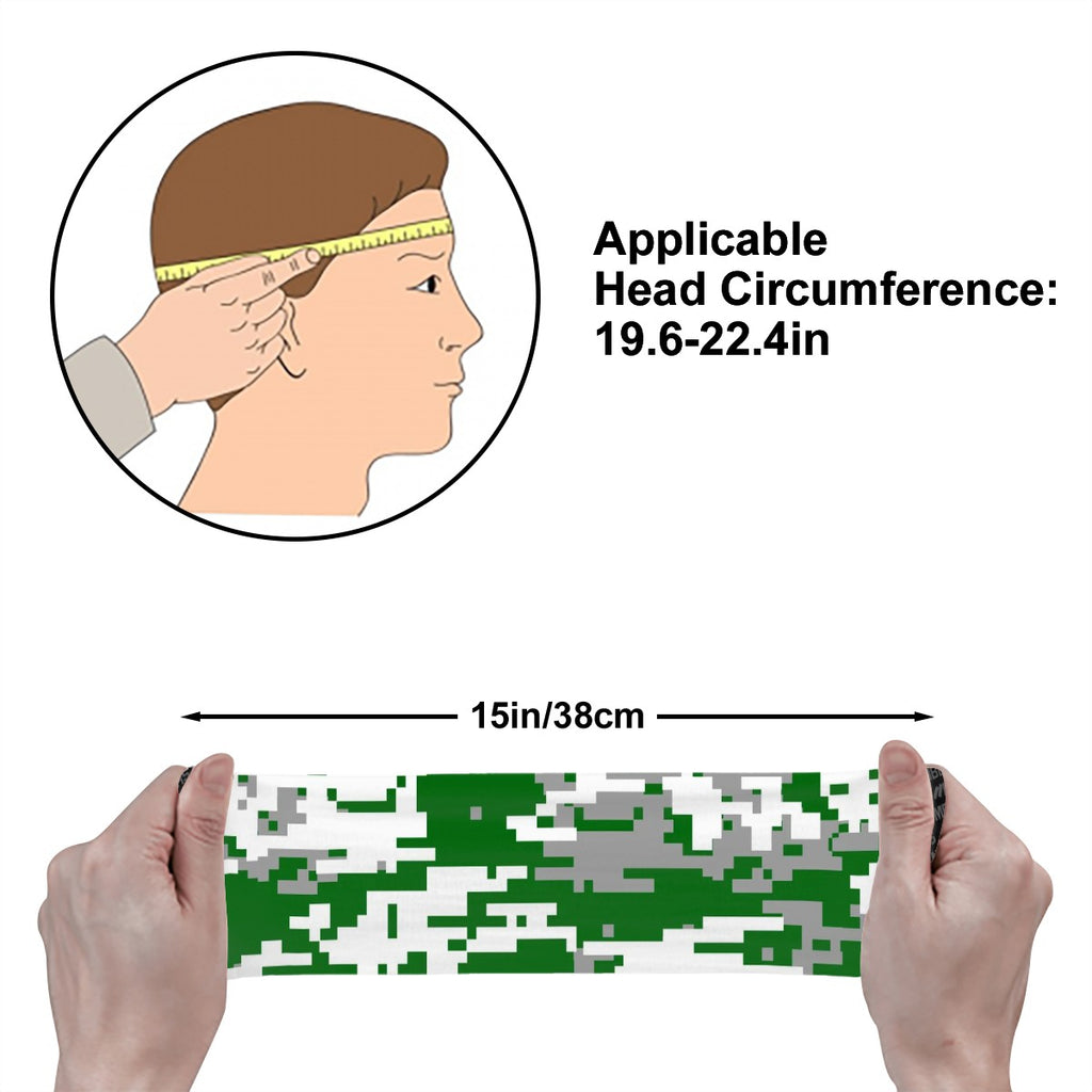 Athletic sports sweatband wide headband for youth and adult football, basketball, baseball, softball, gym workout, printed with green, grey, and white colors.