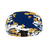 Athletic sports sweatband wide headband for youth and adult football, basketball, baseball, softball, gym workout, printed with navy blue, gold, and white colors. 