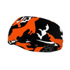 Athletic sports sweatband wide headband for youth and adult football, basketball, baseball, softball, gym workout, printed with orange, black, and white colors. 