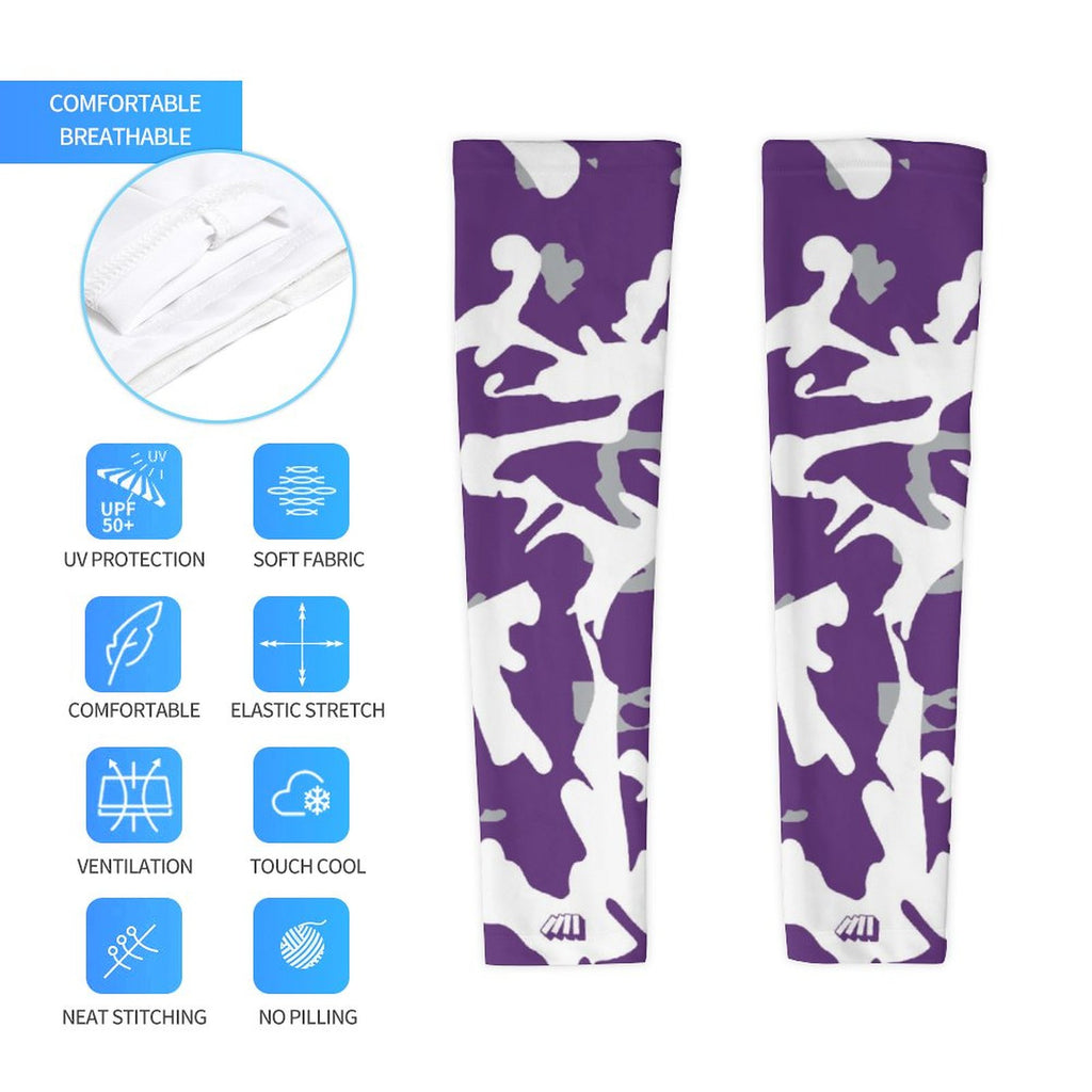 Athletic sports compression arm sleeve for youth and adult football, basketball, baseball, and softball printed with camo purple, white, and gray colors. 