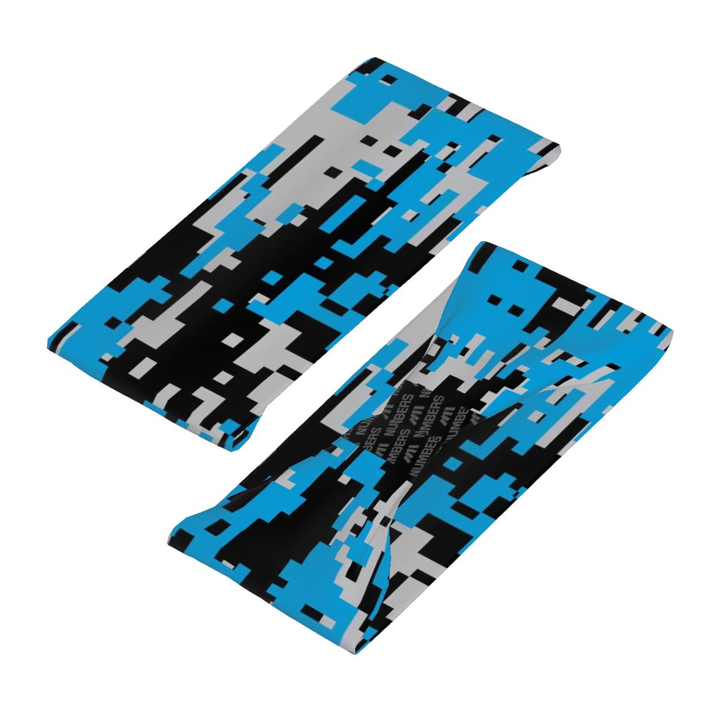 Athletic sports sweatband wide headband for youth and adult football, basketball, baseball, softball, gym workout, printed with blue, gray, and black colors.