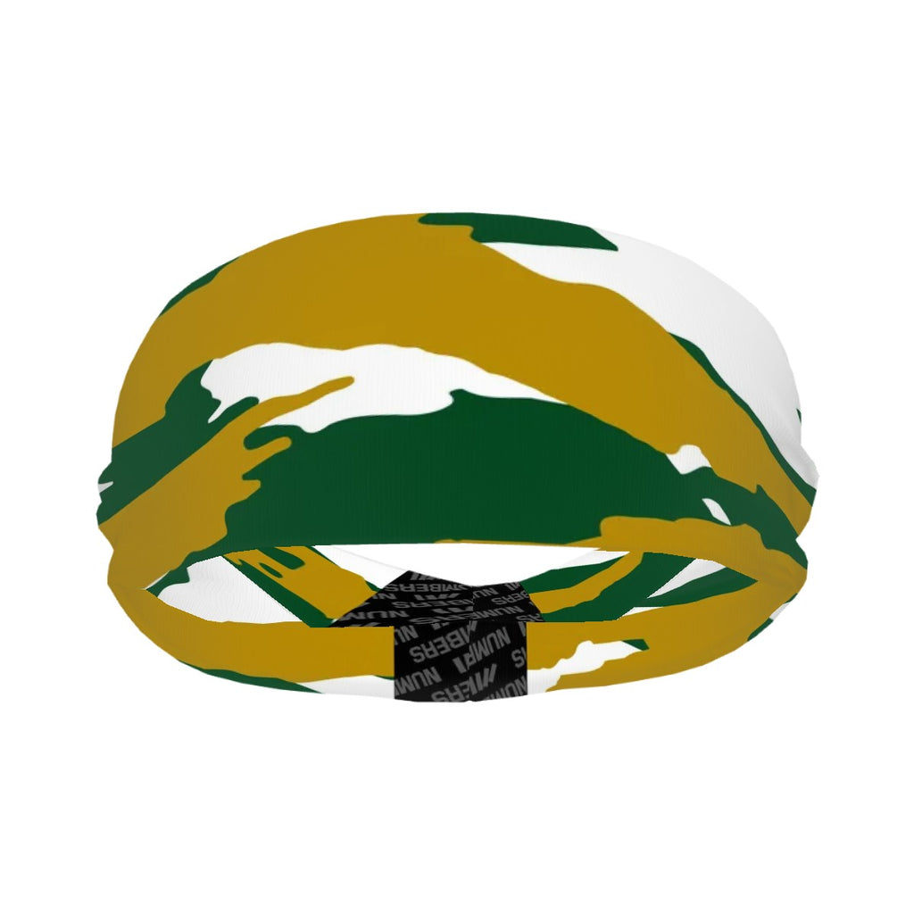Athletic sports sweatband wide headband for youth and adult football, basketball, baseball, softball, gym workout, printed with green, gold, and white colors.
