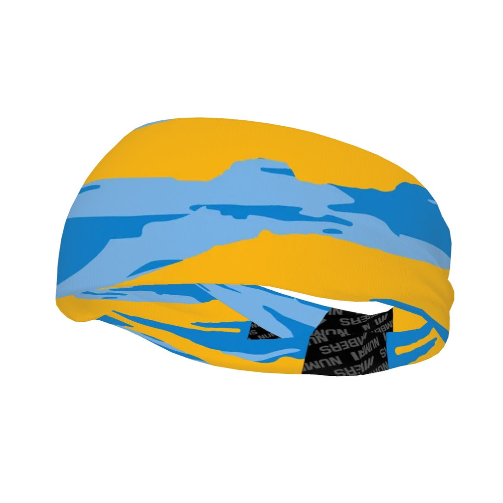 Athletic sports sweatband wide headband for youth and adult football, basketball, baseball, softball, gym workout, printed with light blue, powder blue, and yellow colors. 