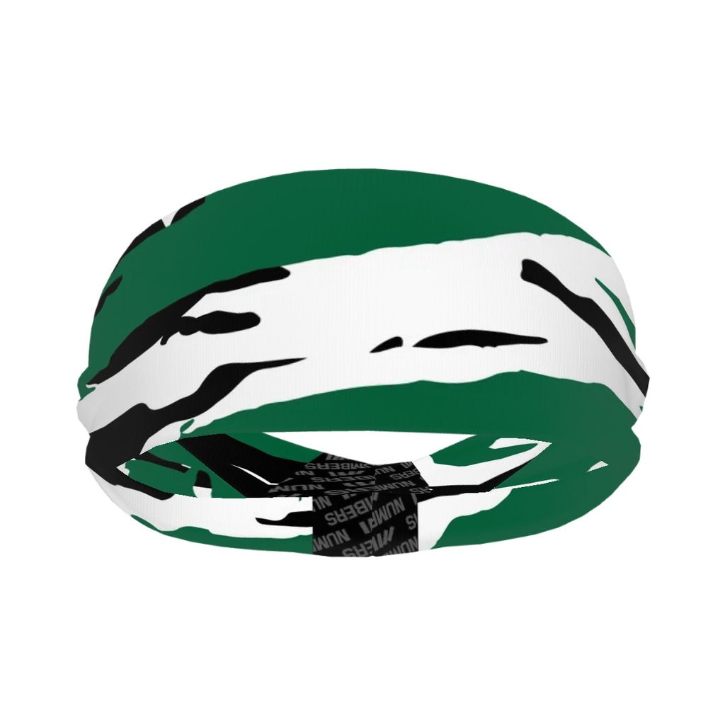 Athletic sports sweatband wide headband for youth and adult football, basketball, baseball, softball, gym workout, printed with green, white, and black colors. 