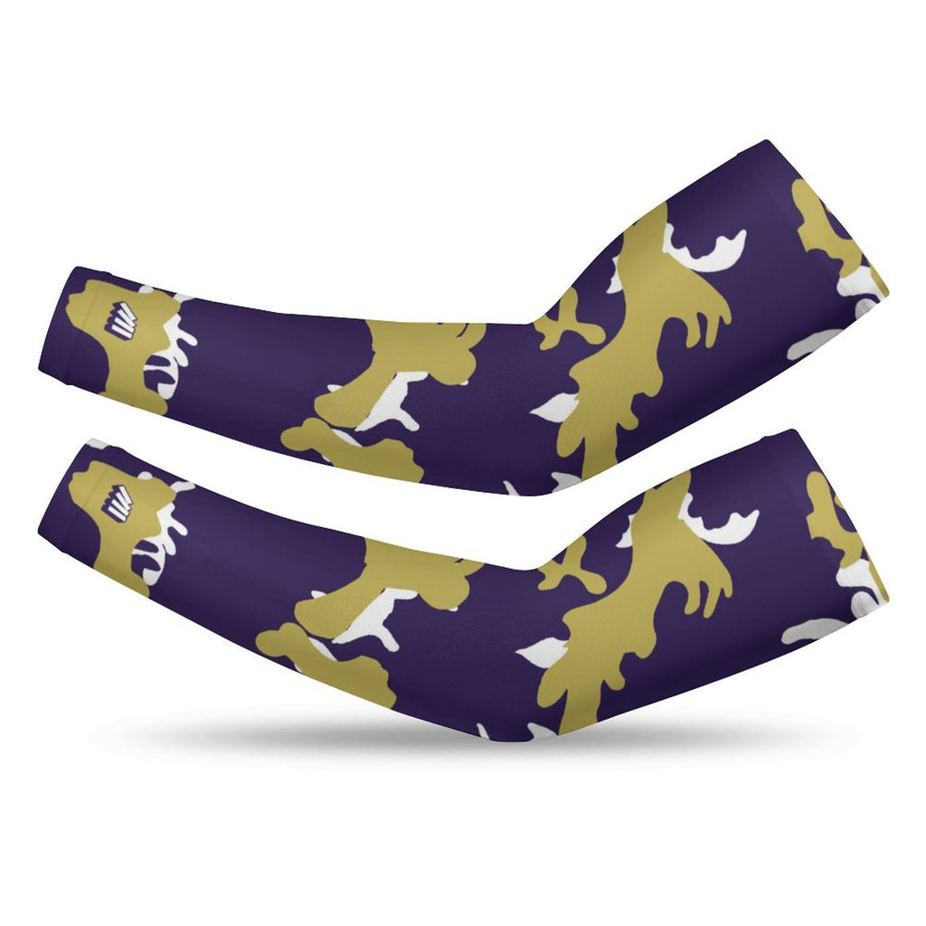 Athletic sports compression arm sleeve for youth and adult football, basketball, baseball, and softball printed with camo purple, gold, and white colors. 