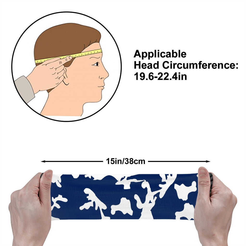 Athletic sports sweatband wide headband for youth and adult football, basketball, baseball, softball, gym workout, printed with navy blue and white colors. 