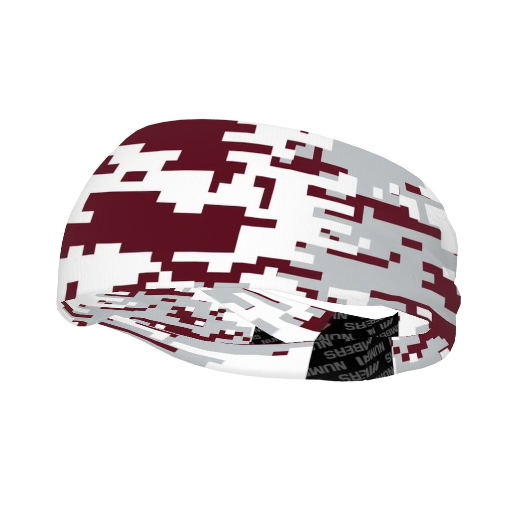 Athletic sports sweatband wide headband for youth and adult football, basketball, baseball, softball, gym workout, printed with maroon, white, and gray colors. 