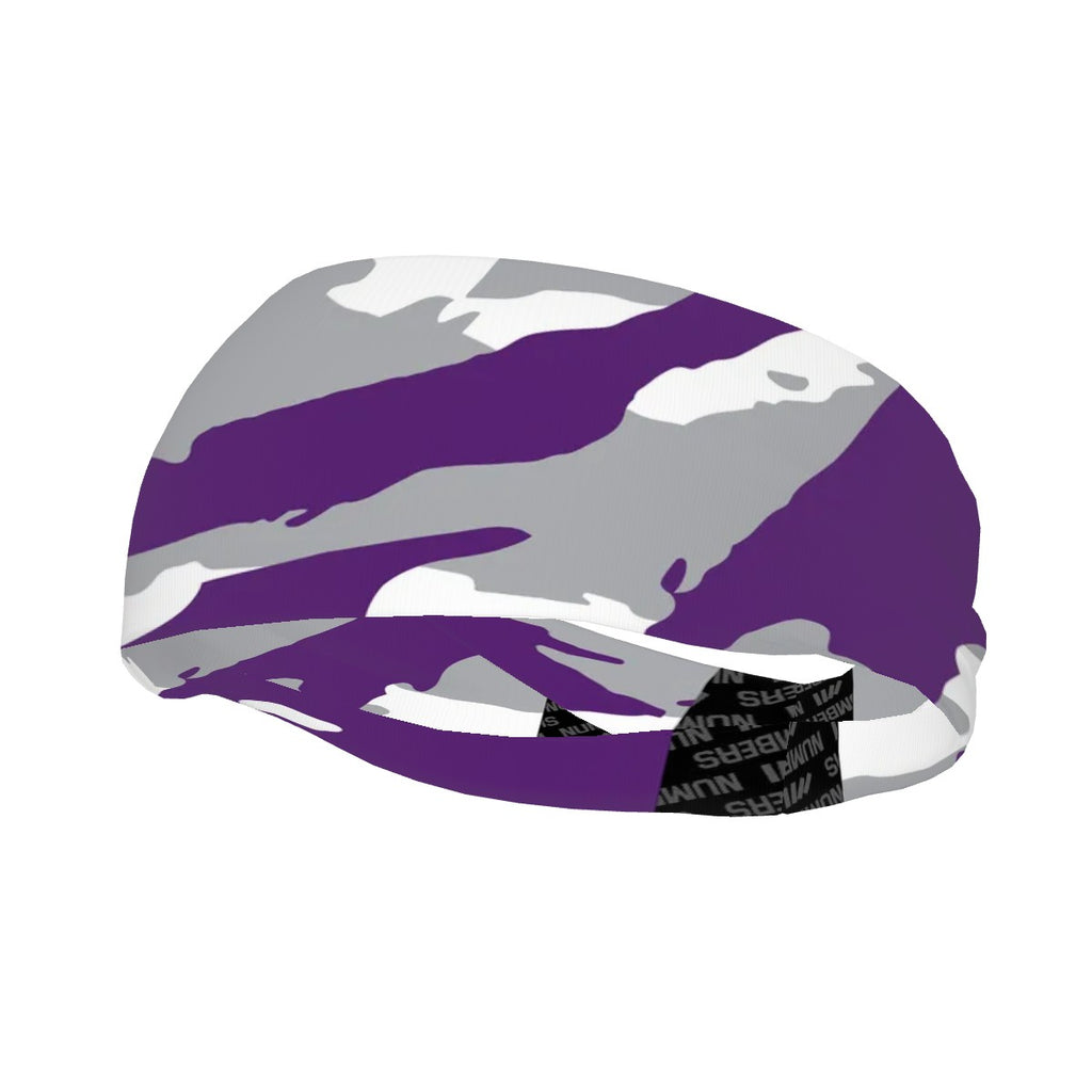 Athletic sports sweatband wide headband for youth and adult football, basketball, baseball, softball, gym workout, printed with purple, white, and gray colors. 