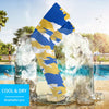 Athletic sports compression arm sleeve for youth and adult football, basketball, baseball, and softball printed with predator blue, yellow, and white colors.