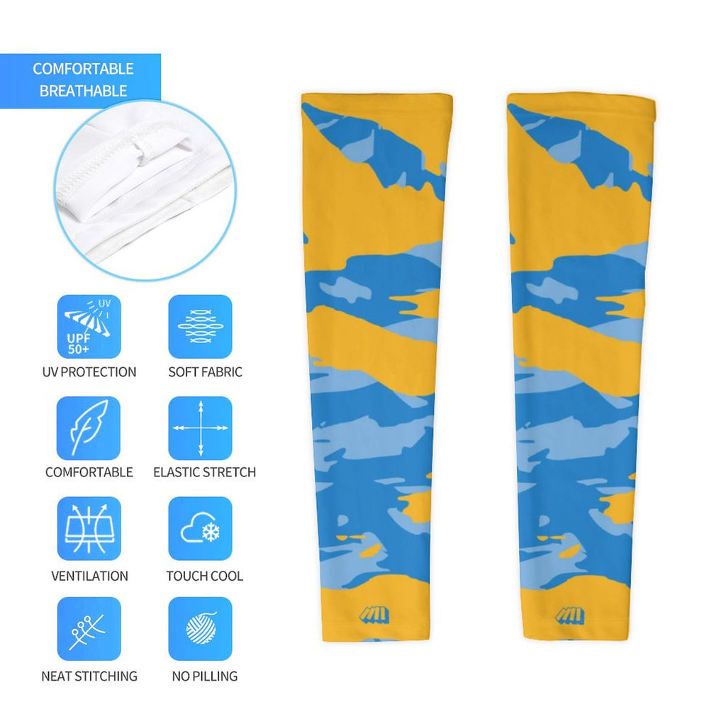 Athletic sports compression arm sleeve for youth and adult football, basketball, baseball, and softball printed with predator light blue, powder blue, and yellow colors.