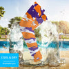 Athletic sports compression arm sleeve for youth and adult football, basketball, baseball, and softball printed with predator purple, orange, and white colors. 