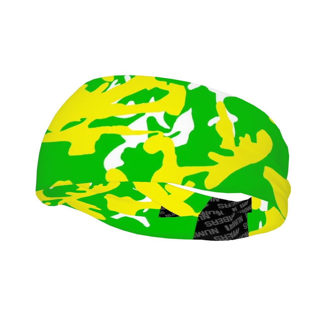 Athletic sports sweatband wide headband for youth and adult football, basketball, baseball, softball, gym workout, printed with neon green, yellow, and white colors. 