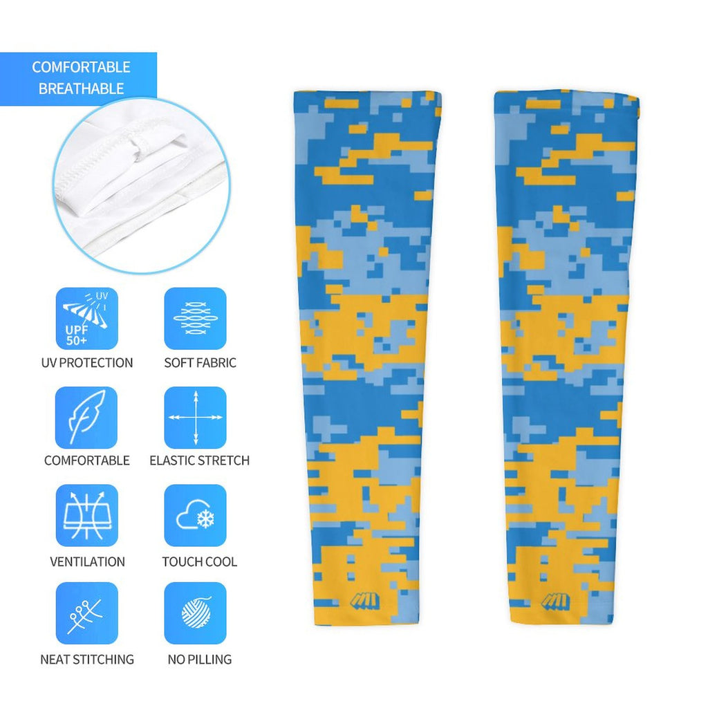 Athletic sports compression arm sleeve for youth and adult football, basketball, baseball, and softball printed with digicamo light blue, powder blue, and yellow colors.   