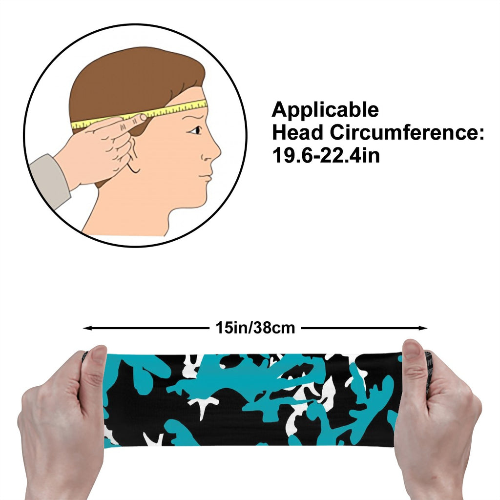 Athletic sports sweatband wide headband for youth and adult football, basketball, baseball, softball, gym workout, printed with turquoise, black, and white colors. 