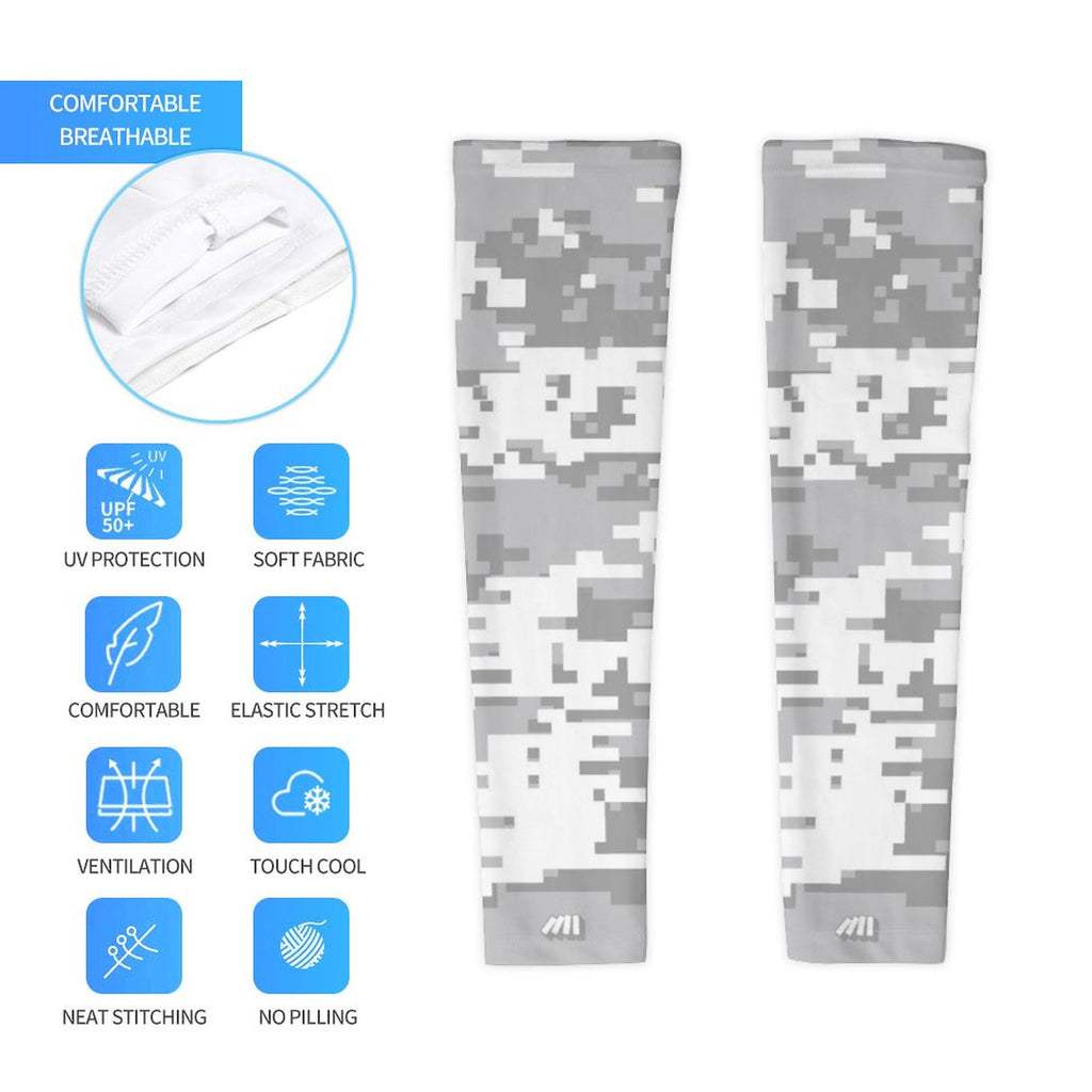 Athletic sports compression arm sleeve for youth and adult football, basketball, baseball, and softball printed with digicamo gray and white colors. 