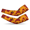 Athletic sports compression arm sleeve for youth and adult football, basketball, baseball, and softball printed with camo maroon, yellow, and black colors. 