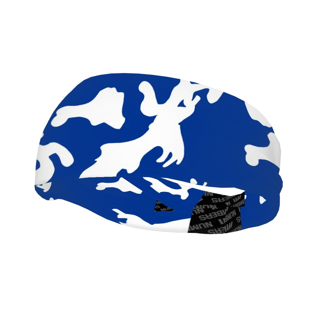 Athletic sports sweatband wide headband for youth and adult football, basketball, baseball, softball, gym workout, printed with royal blue and white colors. 