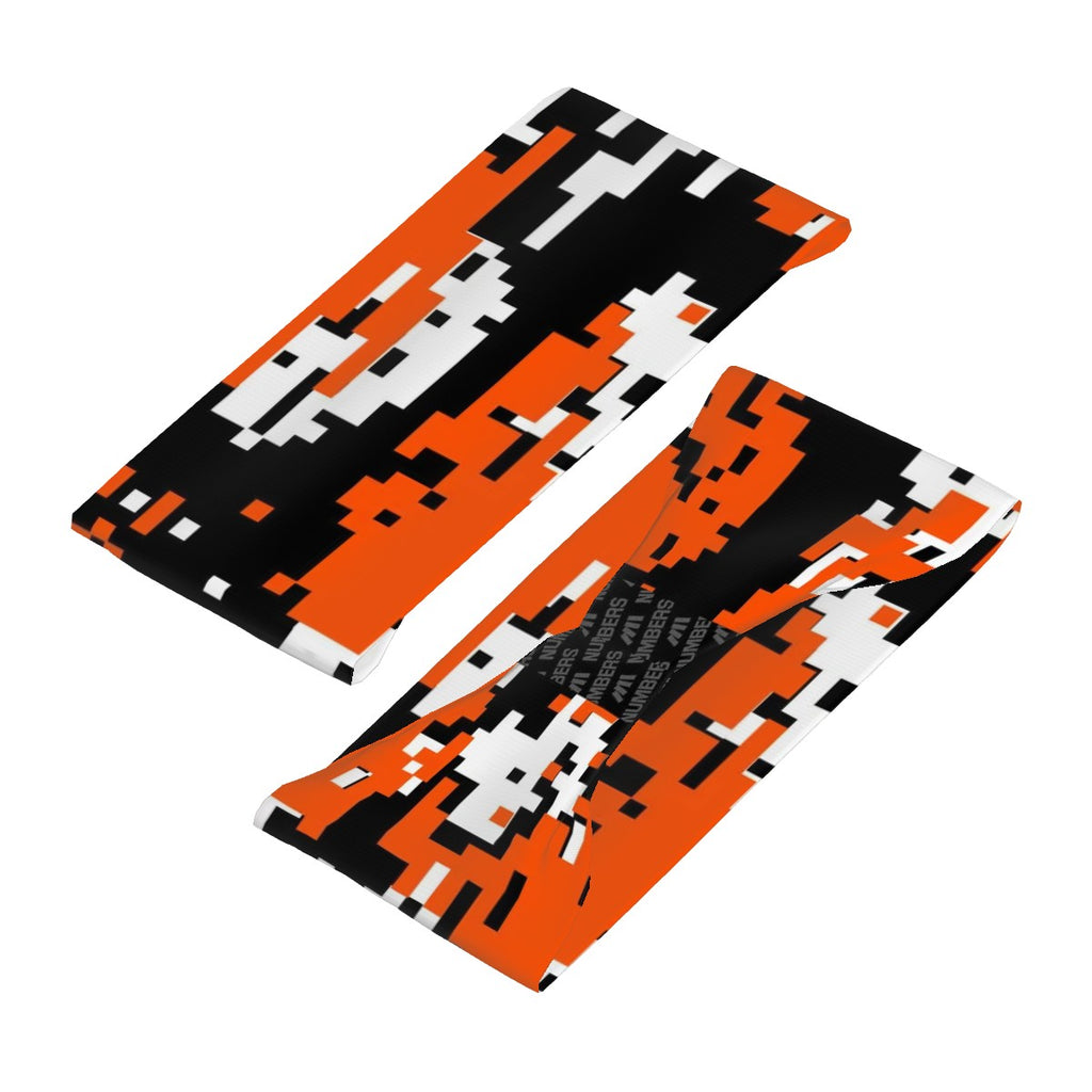 Athletic sports sweatband wide headband for youth and adult football, basketball, baseball, softball, gym workout, printed with orange, black, and white colors. 