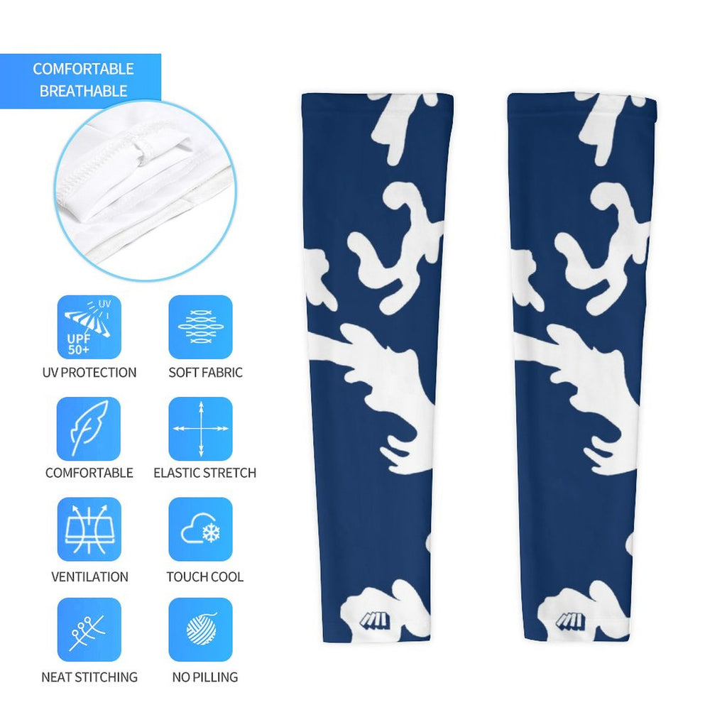 Athletic sports compression arm sleeve for youth and adult football, basketball, baseball, and softball printed with camo navy blue and white colors. 