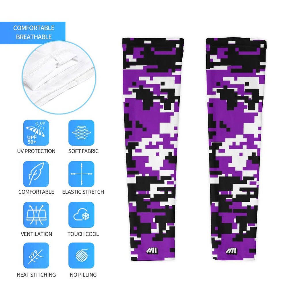 Athletic sports compression arm sleeve for youth and adult football, basketball, baseball, and softball printed with digicamo purple, white, and black colors. 