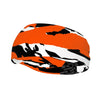 Athletic sports sweatband wide headband for youth and adult football, basketball, baseball, softball, gym workout, printed with orange, black, and white colors. 