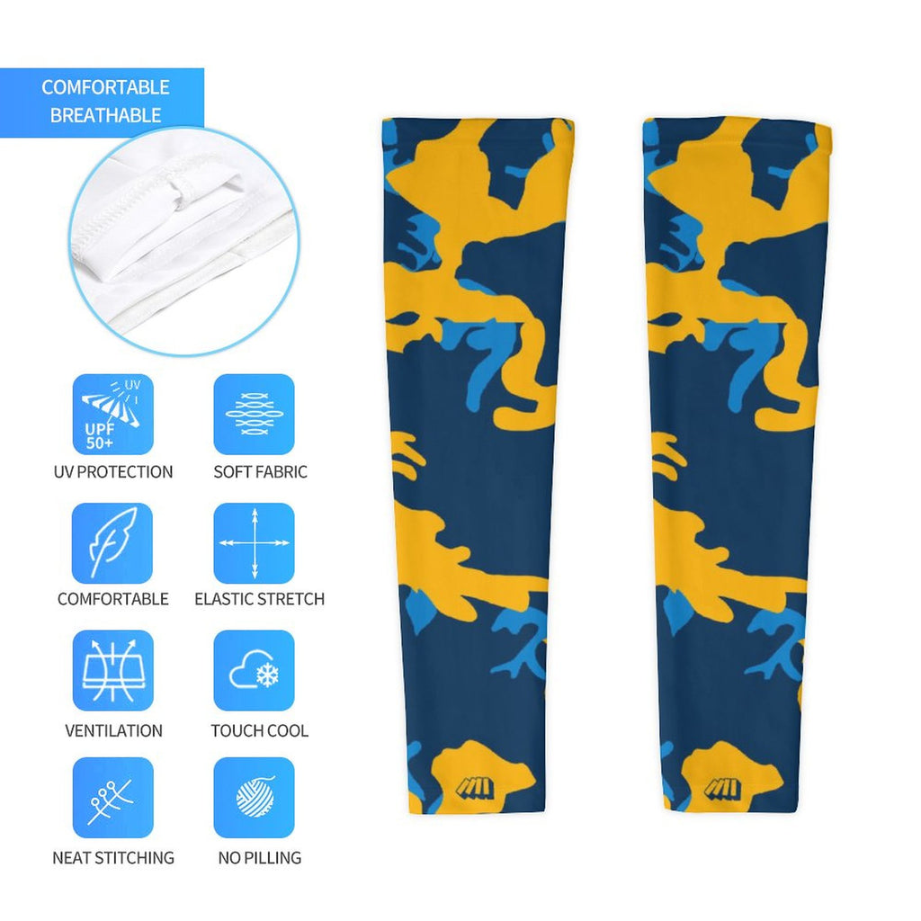 Athletic sports compression arm sleeve for youth and adult football, basketball, baseball, and softball printed with camo blue, light blue, and yellow colors.