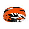 Athletic sports sweatband wide headband for youth and adult football, basketball, baseball, softball, gym workout, printed with orange, black, and white colors. 