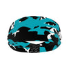 Athletic sports sweatband wide headband for youth and adult football, basketball, baseball, softball, gym workout, printed with turquoise, black, and white colors. 