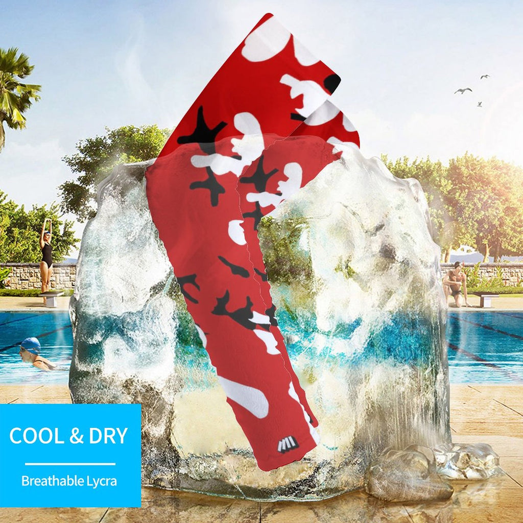 Athletic sports compression arm sleeve for youth and adult football, basketball, baseball, and softball printed with camo red, white, and black colors. 