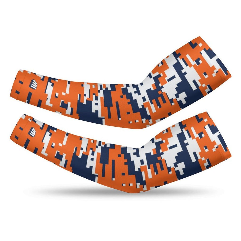 Athletic sports compression arm sleeve for youth and adult football, basketball, baseball, and softball printed with digicamo navy blue, orange, and white colors.  


