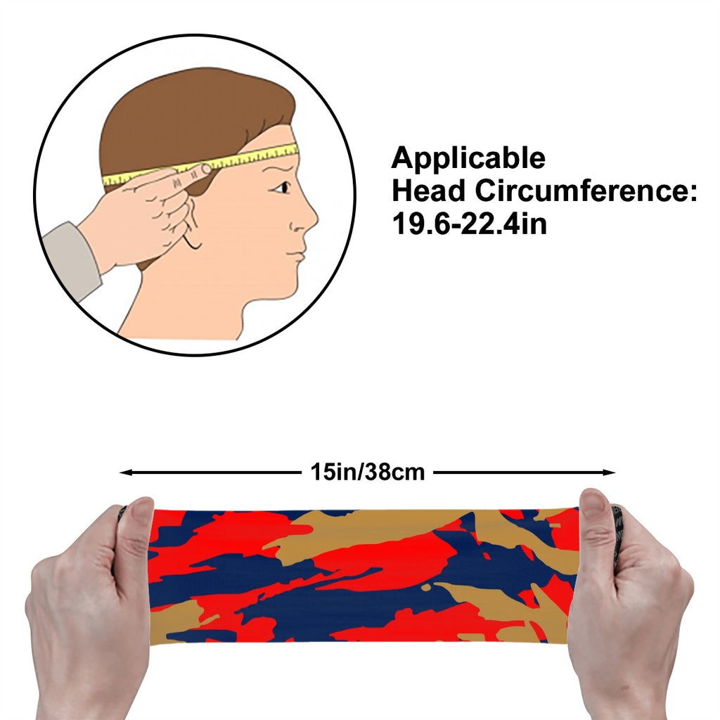 Athletic sports sweatband wide headband for youth and adult football, basketball, baseball, softball, gym workout, printed with navy blue, red, and gold colors. 