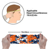 Athletic sports sweatband wide headband for youth and adult football, basketball, baseball, softball, gym workout, printed with navy blue, orange, and white colors. 