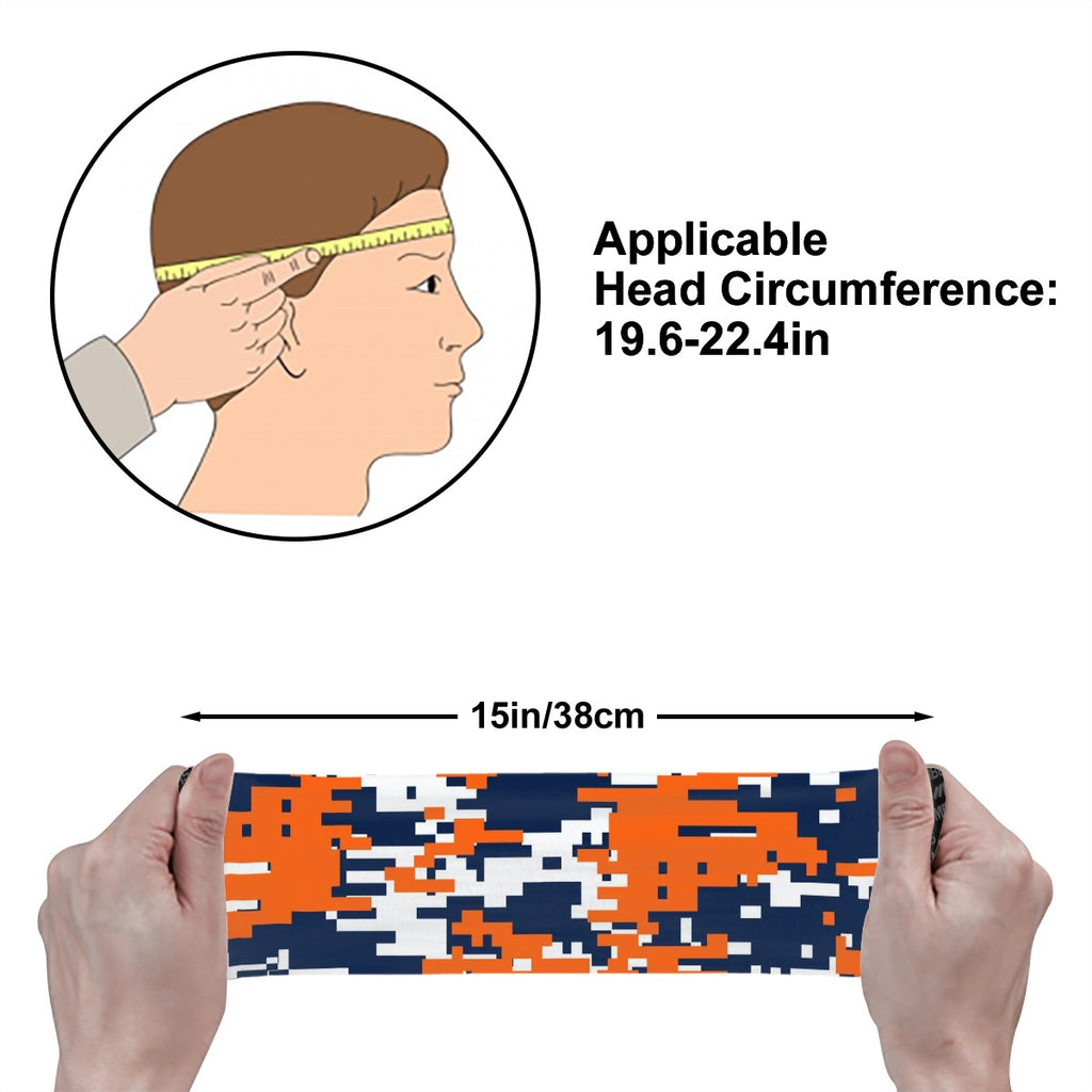 Athletic sports sweatband wide headband for youth and adult football, basketball, baseball, softball, gym workout, printed with navy blue, orange, and white colors. 