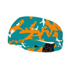 Athletic sports sweatband wide headband for youth and adult football, basketball, baseball, softball, gym workout, printed with aqua, orange, and white colors. 