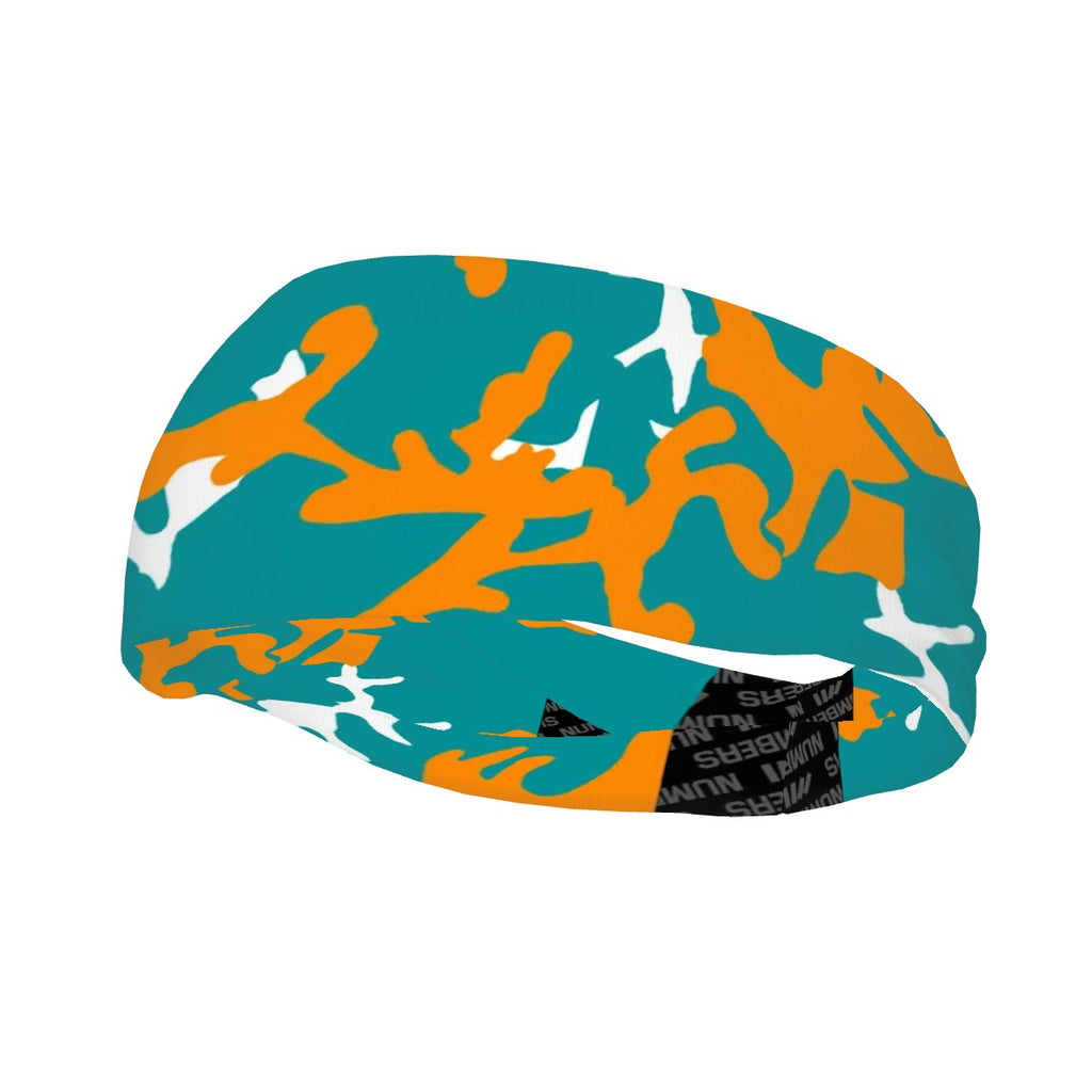 Athletic sports sweatband wide headband for youth and adult football, basketball, baseball, softball, gym workout, printed with aqua, orange, and white colors. 