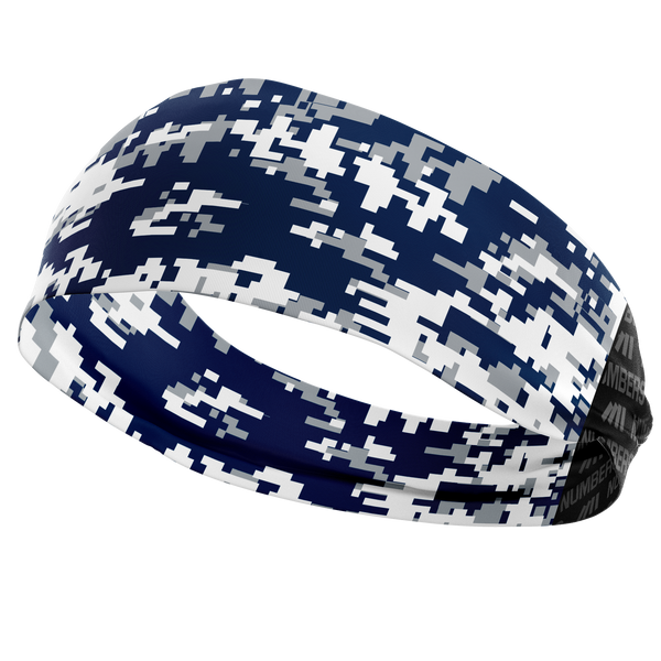 Athletic sports sweatband wide headband for youth and adult football, basketball, baseball, softball, gym workout, printed with navy blue, white, gray colors