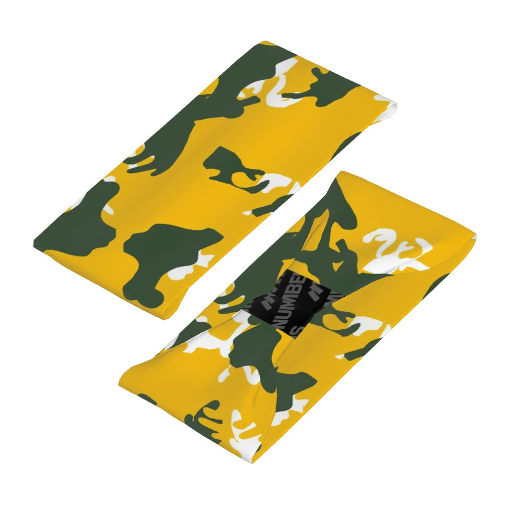 Athletic sports sweatband wide headband for youth and adult football, basketball, baseball, softball, gym workout, printed with yellow, green and white colors