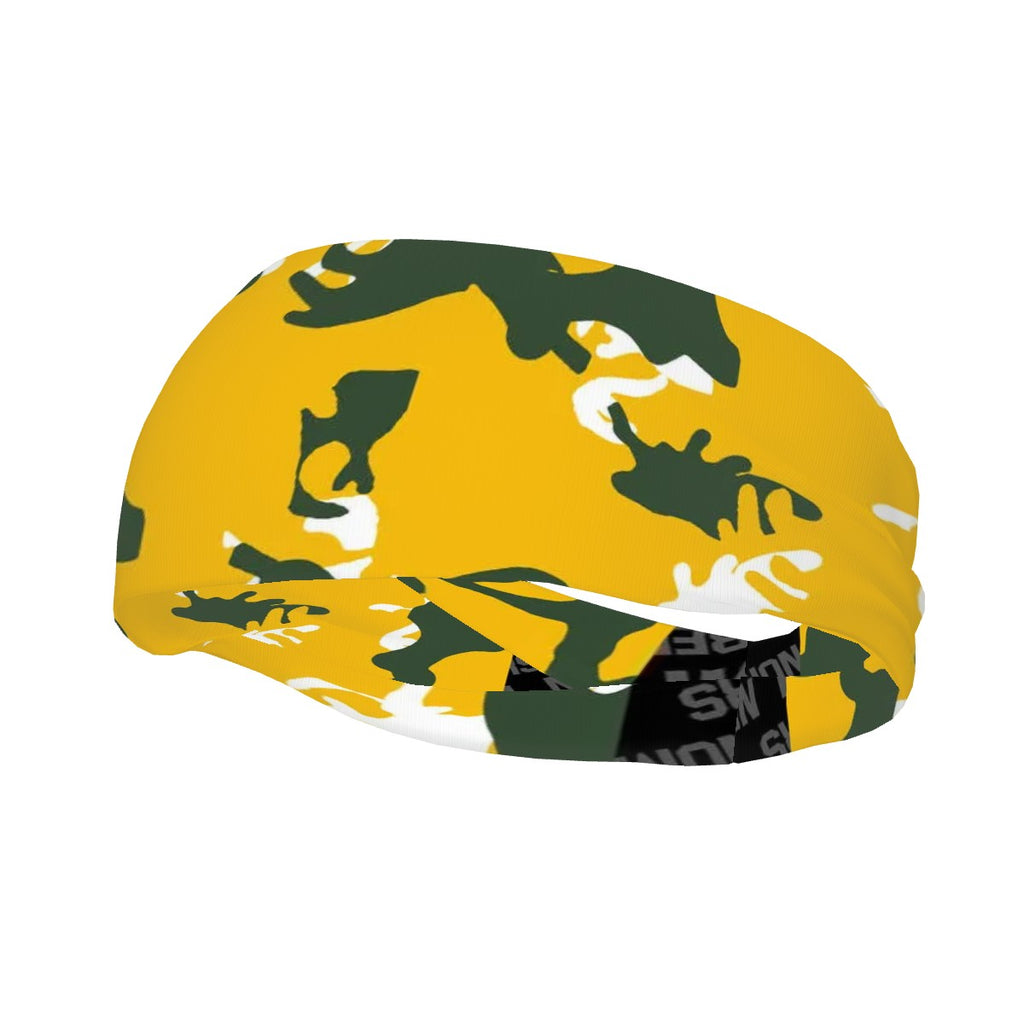 Athletic sports sweatband wide headband for youth and adult football, basketball, baseball, softball, gym workout, printed with yellow, green and white colors