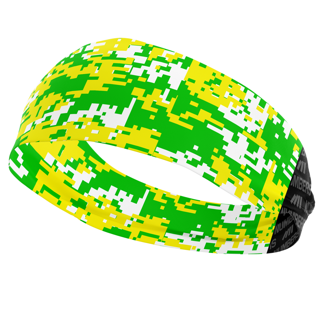 Athletic sports sweatband wide headband for youth and adult football, basketball, baseball, softball, gym workout, printed with green, yellow, white colors