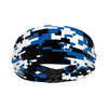 Athletic sports sweatband wide headband for youth and adult football, basketball, baseball, softball, gym workout, printed with blue, black, and white colors. 
