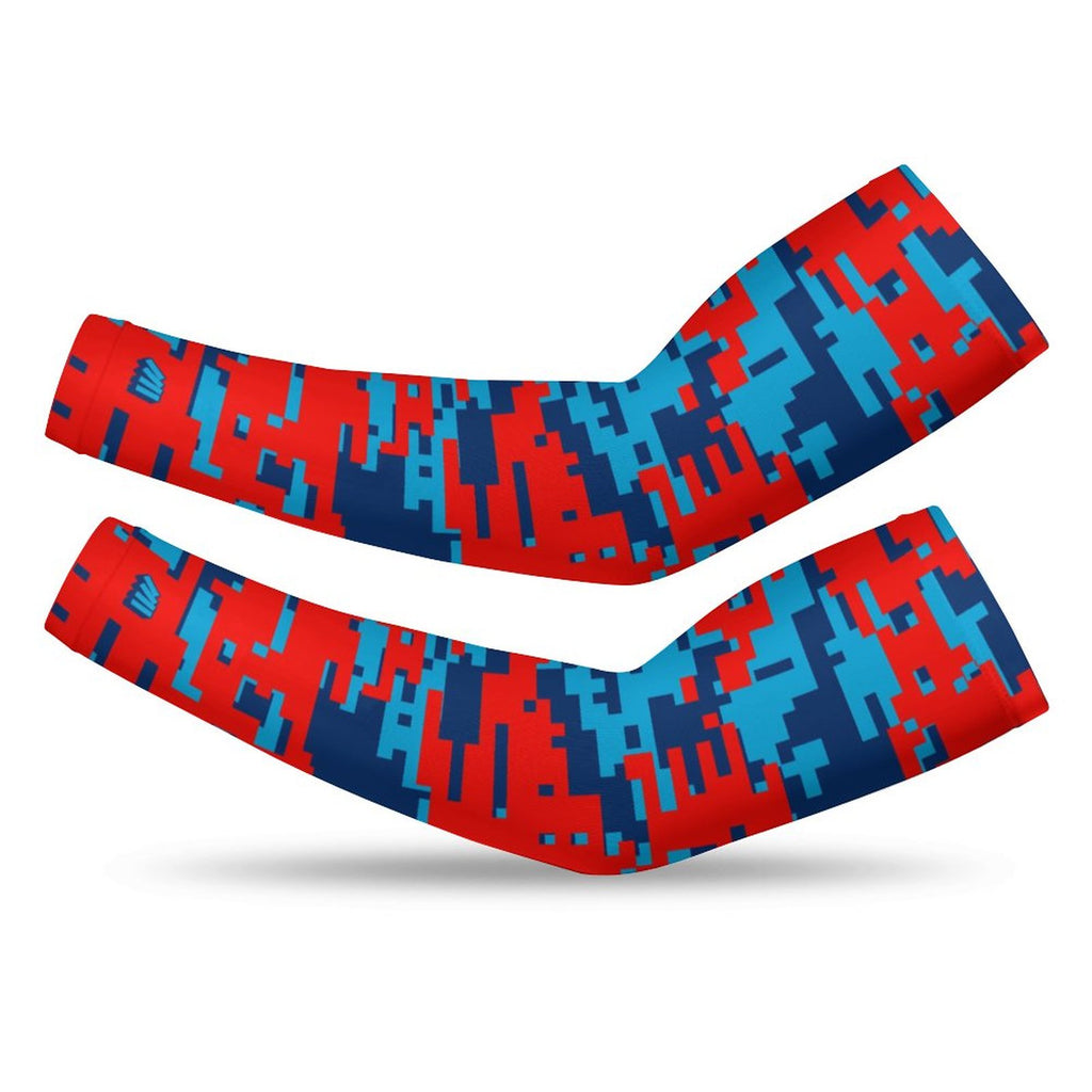 Athletic sports compression arm sleeve for youth and adult football, basketball, baseball, and softball printed with digicamo blue, light blue, and red colors. 