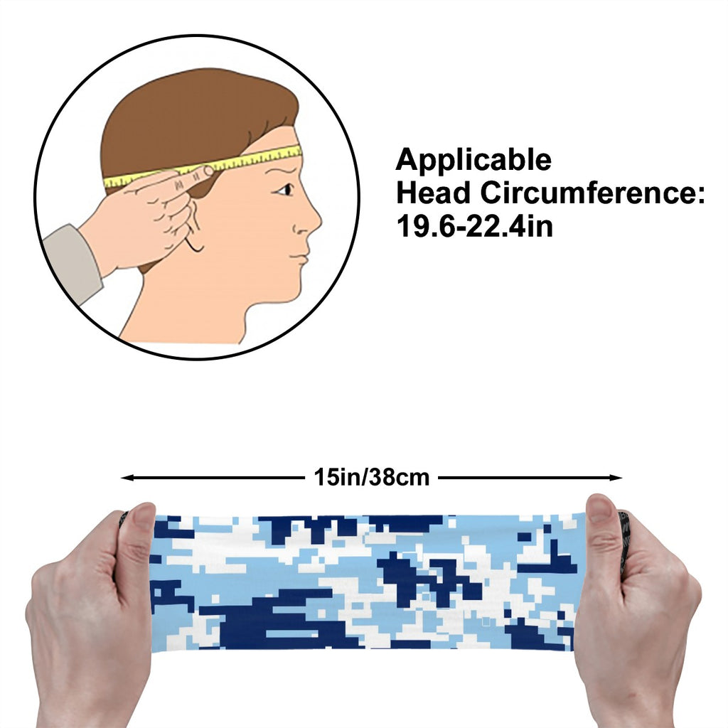 Athletic sports sweatband wide headband for youth and adult football, basketball, baseball, softball, gym workout, printed with navy blue, baby blue, and white colors.