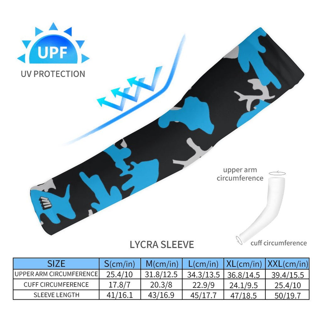 Athletic sports compression arm sleeve for youth and adult football, basketball, baseball, and softball printed with camo black, light blue, and gray colors. 